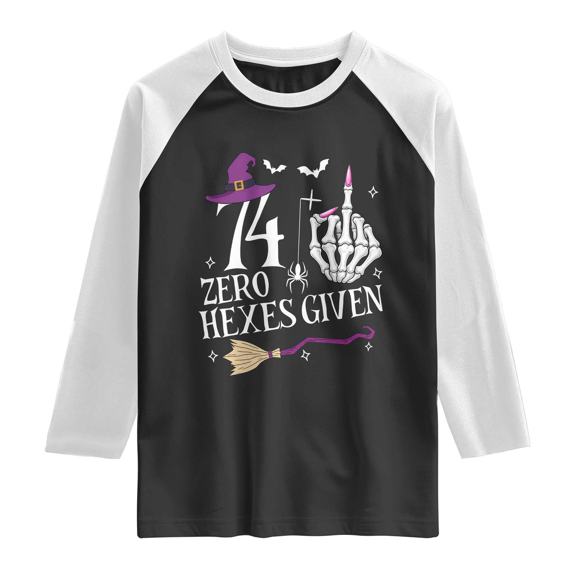 75th Birthday Halloween Raglan Shirt 74 Plus Middle Finger Zero Hexes Given Gift For Women TS14 Black White Print Your Wear