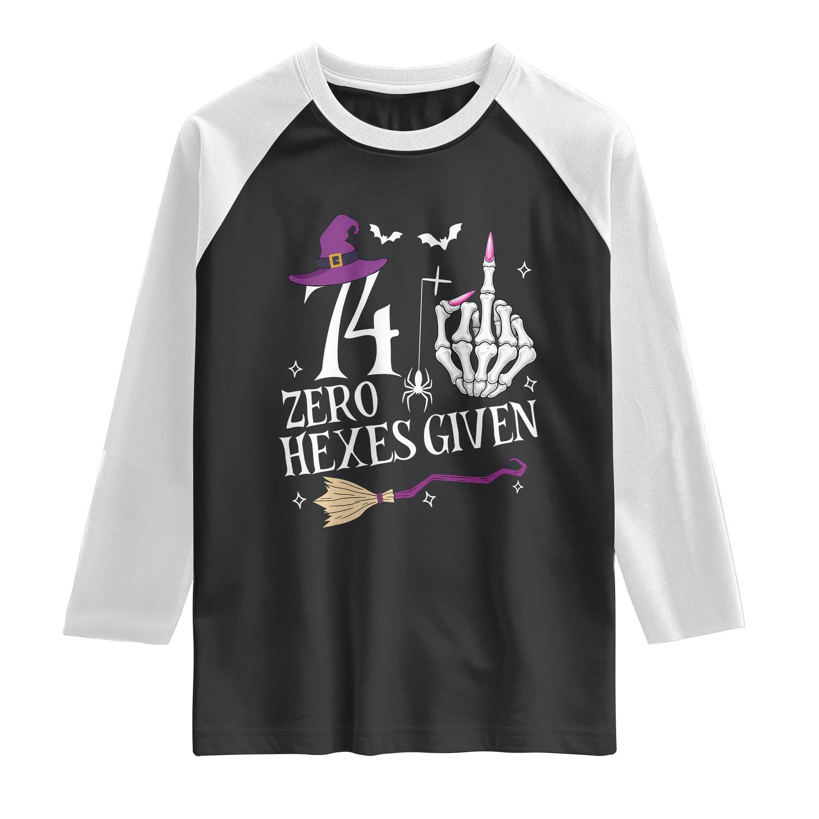 75th Birthday Halloween Raglan Shirt 74 Plus Middle Finger Zero Hexes Given Gift For Women TS14 Black White Print Your Wear