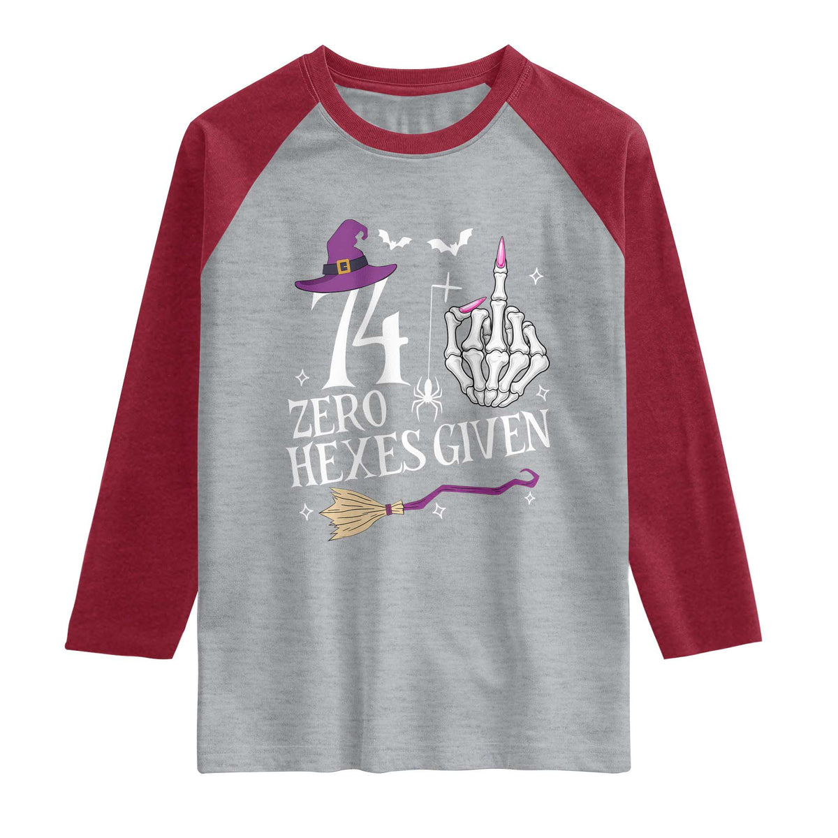 75th Birthday Halloween Raglan Shirt 74 Plus Middle Finger Zero Hexes Given Gift For Women TS14 Heather Gray Heather Red Print Your Wear