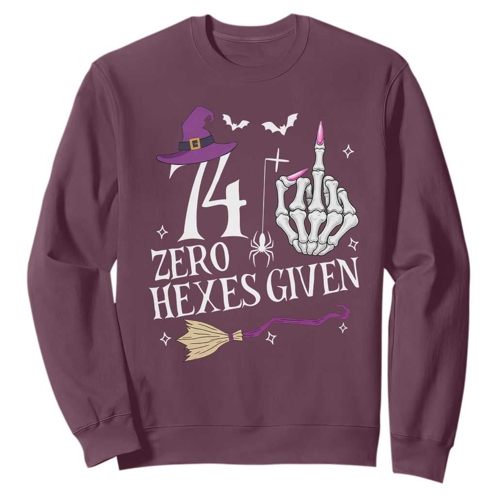 75th Birthday Halloween Sweatshirt 74 Plus Middle Finger Zero Hexes Given Gift For Women TS14 Maroon Print Your Wear