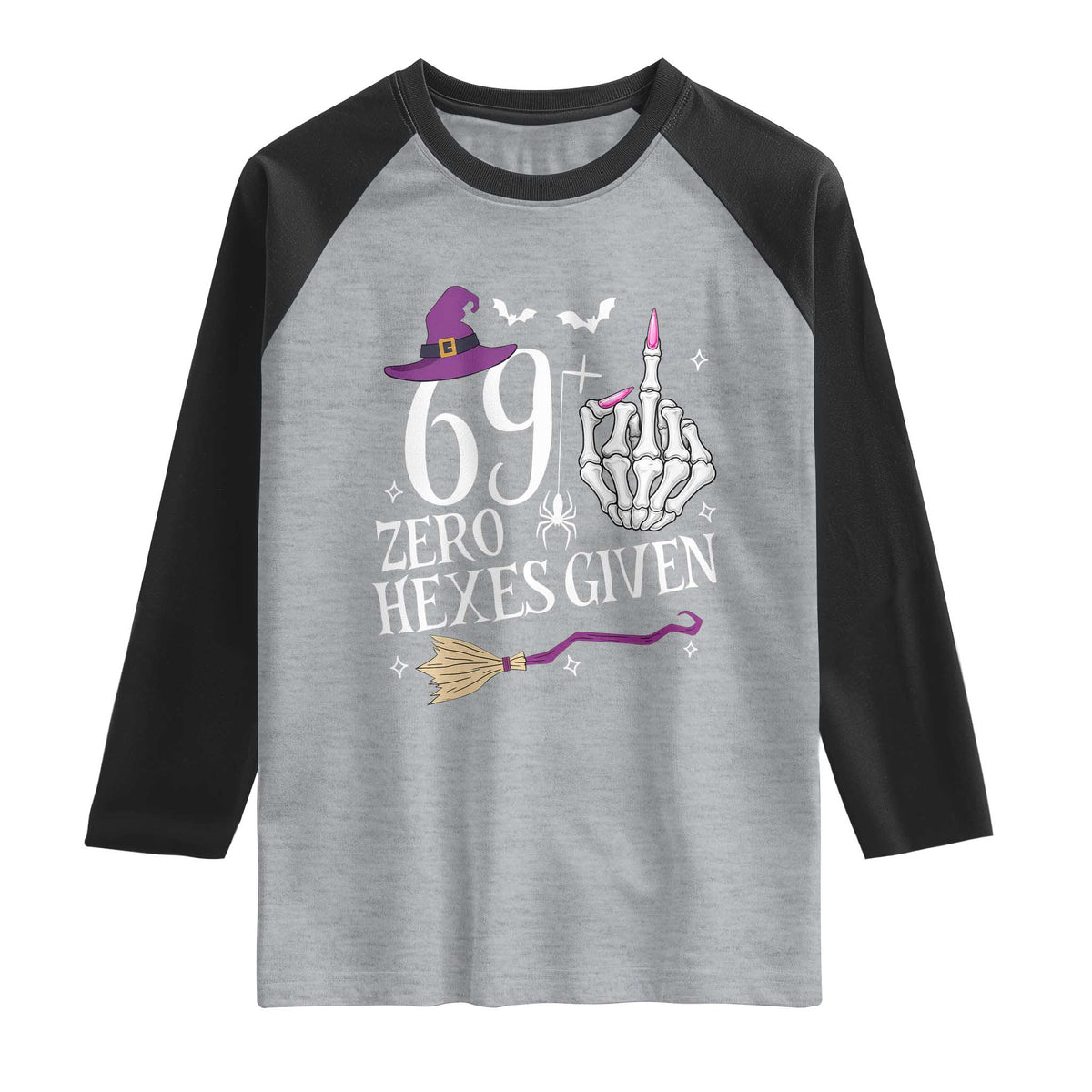 70th Birthday Halloween Raglan Shirt 69 Plus Middle Finger Zero Hexes Given Gift For Women TS14 Heather Gray Black Print Your Wear