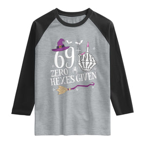 70th Birthday Halloween Raglan Shirt 69 Plus Middle Finger Zero Hexes Given Gift For Women TS14 Heather Gray Black Print Your Wear