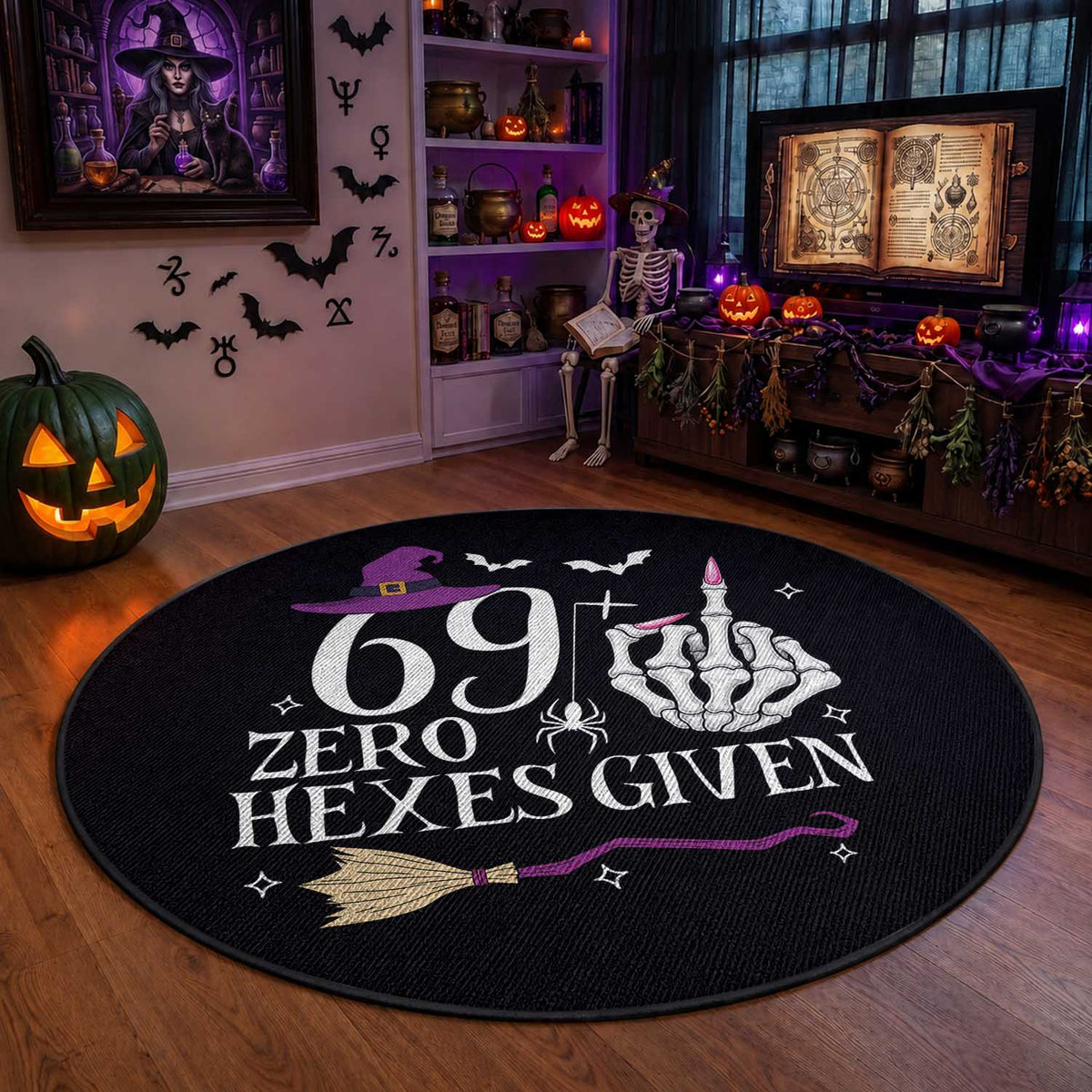 70th Birthday Halloween Round Rug 69 Plus Middle Finger Zero Hexes Given Gift For Women