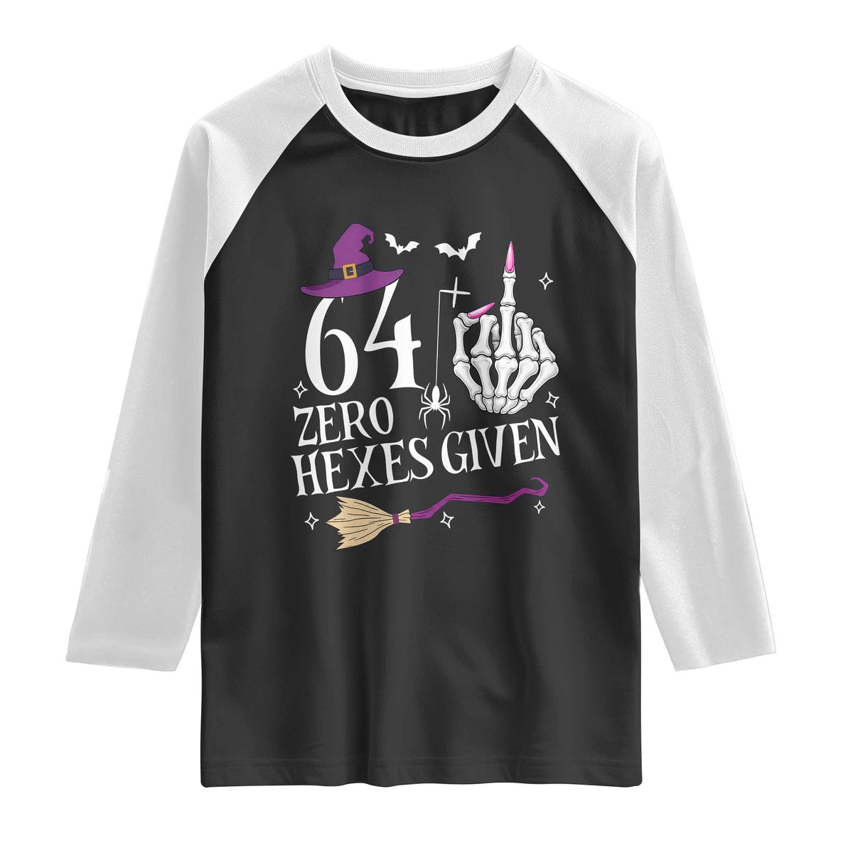 65th Birthday Halloween Raglan Shirt 64 Plus Middle Finger Zero Hexes Given Gift For Women TS14 Black White Print Your Wear
