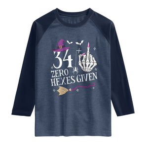 35th Birthday Halloween Raglan Shirt 34 Plus Middle Finger Zero Hexes Given Gift For Women TS14 Heather Denim Navy Print Your Wear