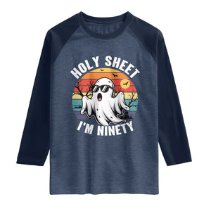 90th Birthday Halloween Ghost Raglan Shirt Holy Sheet I'm Ninety TS14 Heather Denim Navy Print Your Wear