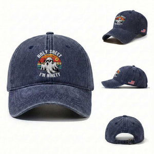 90th Birthday Halloween Ghost Washed Cotton Baseball Cap Holy Sheet I'm Ninety TS14 Washed Cap Universal Fit Navy Print Your Wear