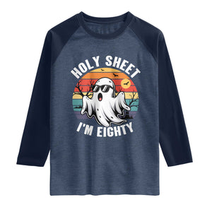 80th Birthday Halloween Ghost Raglan Shirt Holy Sheet I'm Eighty TS14 Heather Denim Navy Print Your Wear