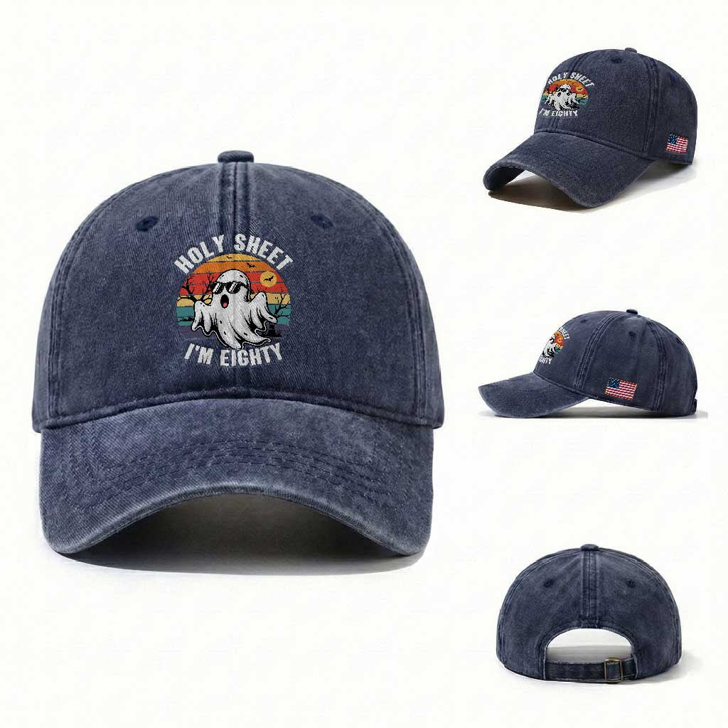 80th Birthday Halloween Ghost Washed Cotton Baseball Cap Holy Sheet I'm Eighty TS14 Washed Cap Universal Fit Navy Print Your Wear