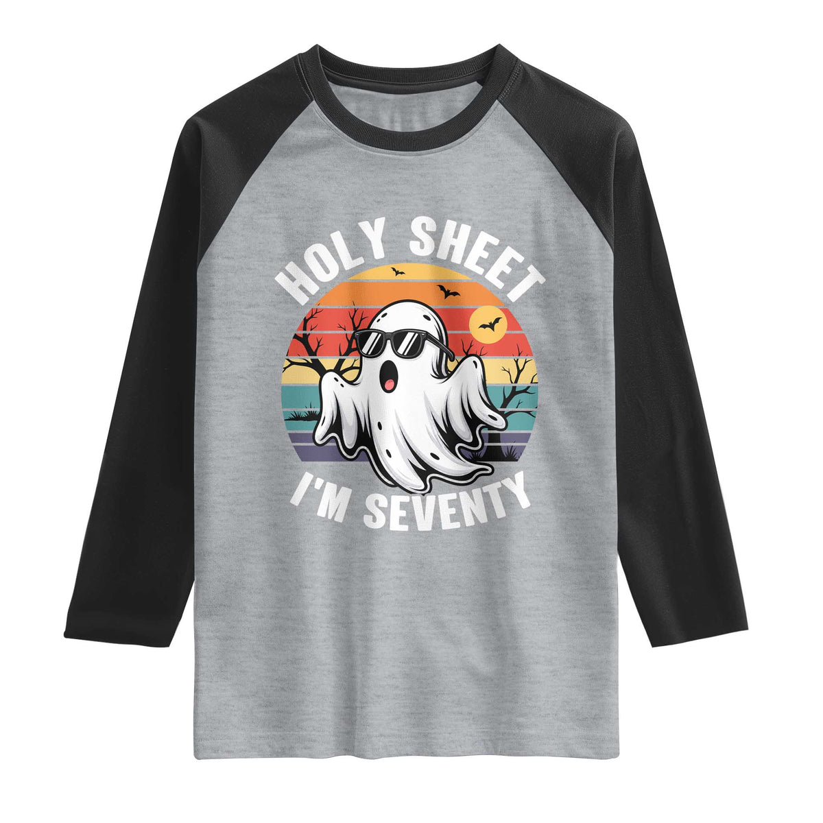 70th Birthday Halloween Ghost Raglan Shirt Holy Sheet I'm Seventy TS14 Heather Gray Black Print Your Wear