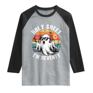 70th Birthday Halloween Ghost Raglan Shirt Holy Sheet I'm Seventy TS14 Heather Gray Black Print Your Wear