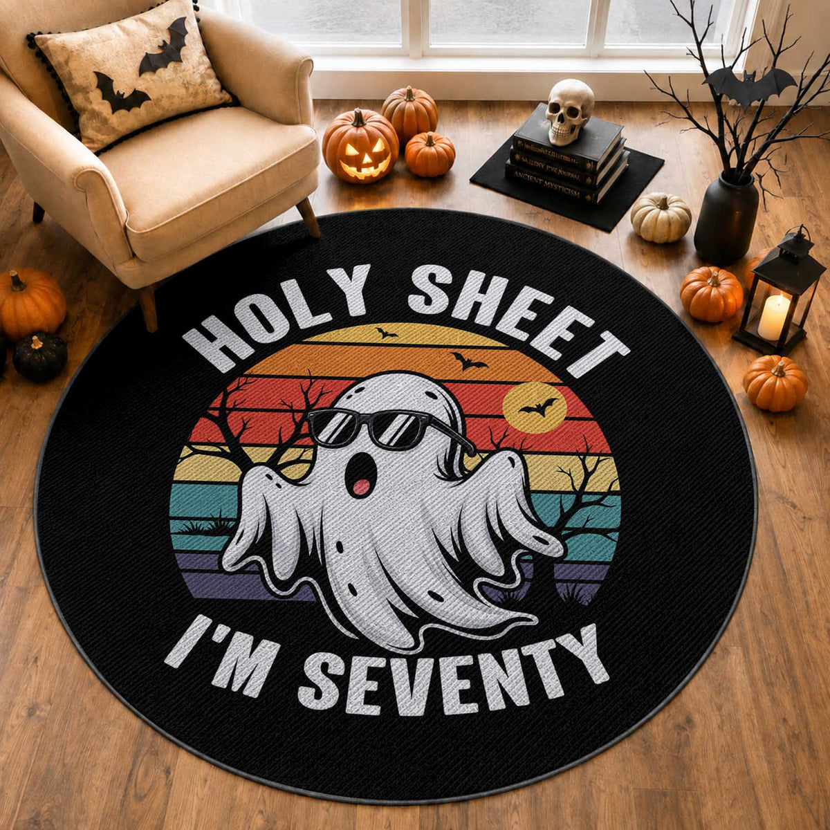 70th Birthday Halloween Ghost Round Rug Holy Sheet I'm Seventy