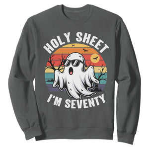 70th Birthday Halloween Ghost Sweatshirt Holy Sheet I'm Seventy TS14 Dark Heather Print Your Wear