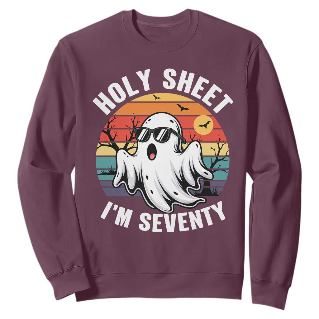 70th Birthday Halloween Ghost Sweatshirt Holy Sheet I'm Seventy TS14 Maroon Print Your Wear