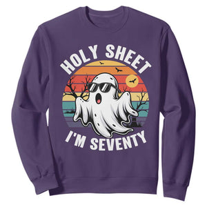 70th Birthday Halloween Ghost Sweatshirt Holy Sheet I'm Seventy TS14 Purple Print Your Wear