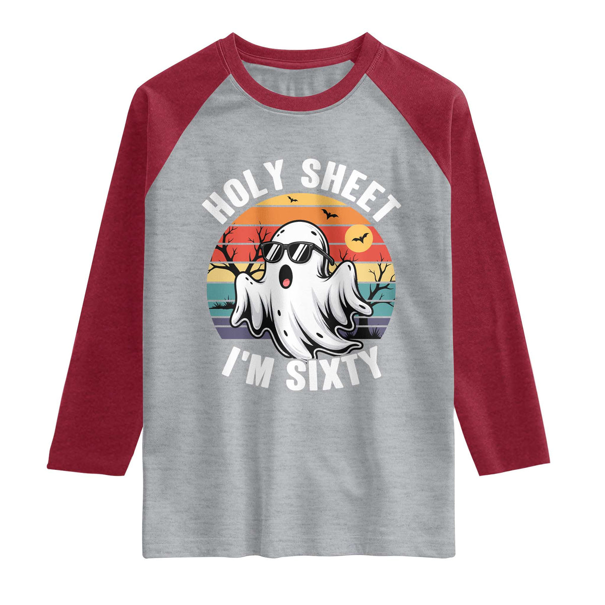 60th Birthday Halloween Ghost Raglan Shirt Holy Sheet I'm Sixty TS14 Heather Gray Heather Red Print Your Wear