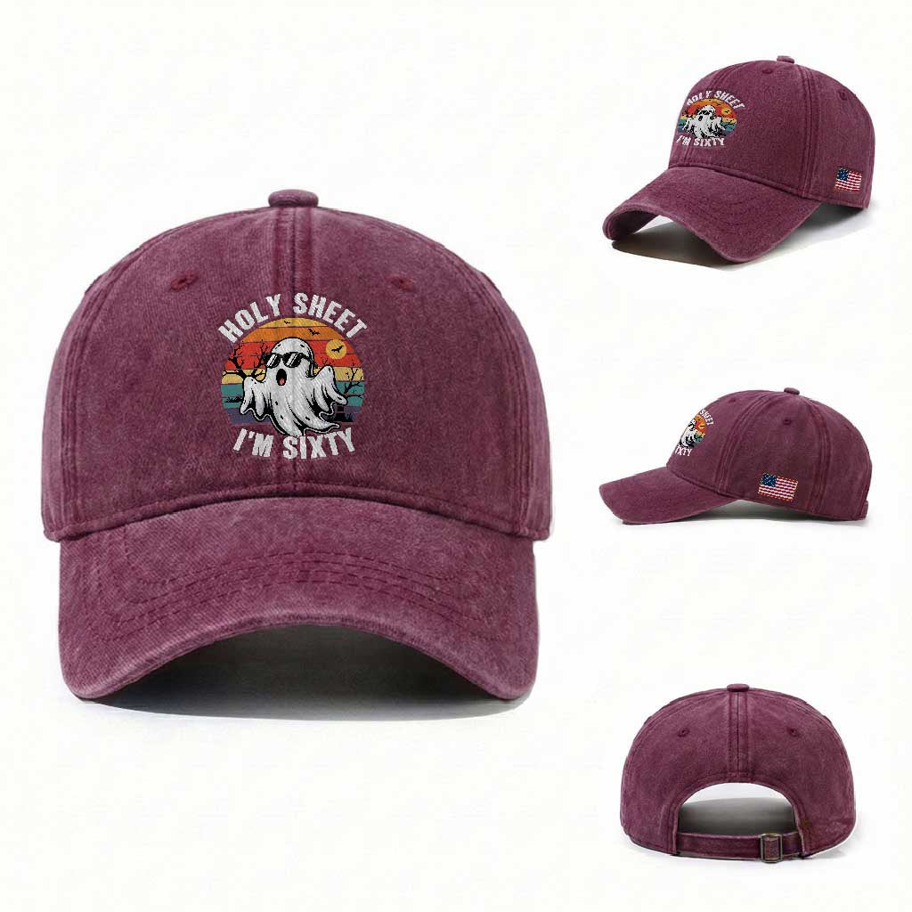 60th Birthday Halloween Ghost Washed Cotton Baseball Cap Holy Sheet I'm Sixty TS14 Washed Cap Universal Fit Burgundy Print Your Wear