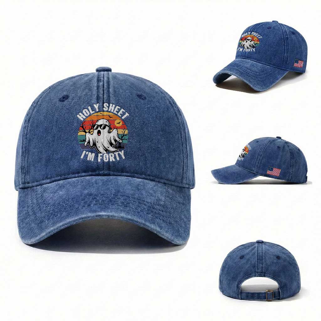 40th Birthday Halloween Ghost Washed Cotton Baseball Cap Holy Sheet I'm Forty TS14 Washed Cap Universal Fit Royal Blue Print Your Wear