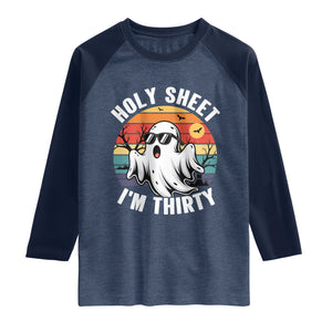 30th Birthday Halloween Ghost Raglan Shirt Holy Sheet I'm Thirty TS14 Heather Denim Navy Print Your Wear