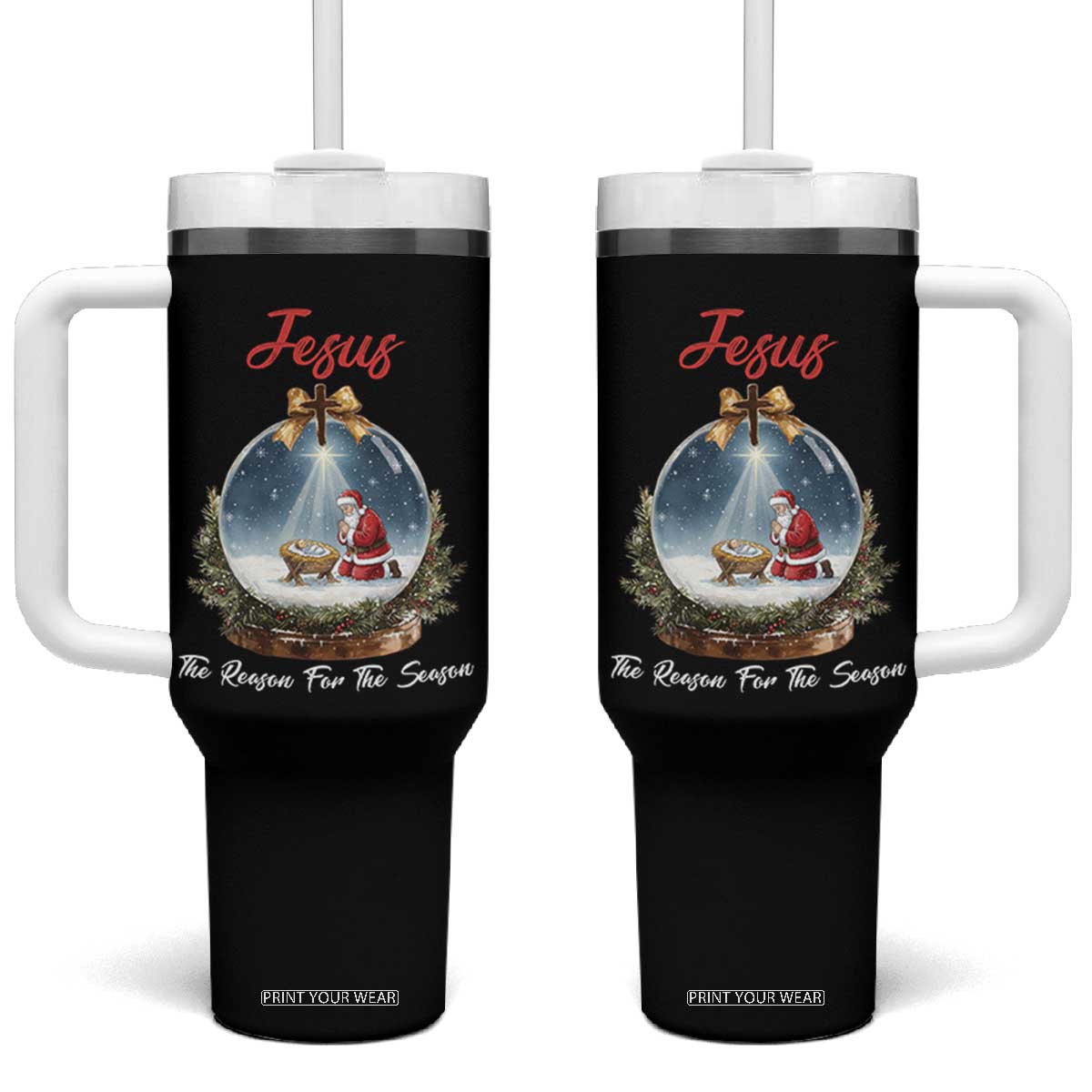 Jesus Santa Christmas Tumbler With Handle The Reason For The Season TS14 One Size: 40 oz Black Print Your Wear