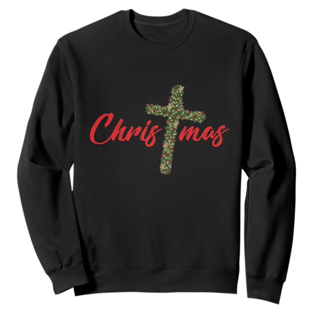 Christian Christmas Sweatshirt Cross Lights Faith TS14 Black Print Your Wear