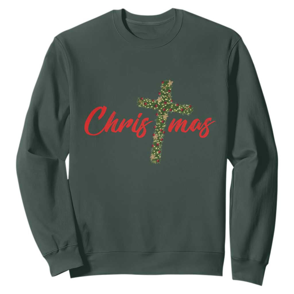 Christian Christmas Sweatshirt Cross Lights Faith TS14 Dark Forest Green Print Your Wear