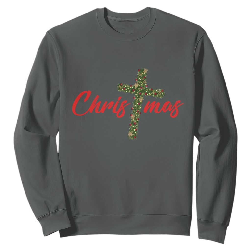 Christian Christmas Sweatshirt Cross Lights Faith TS14 Dark Heather Print Your Wear