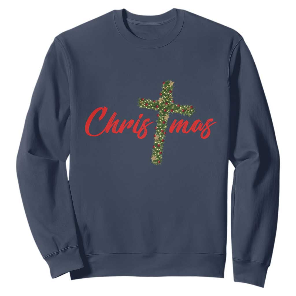 Christian Christmas Sweatshirt Cross Lights Faith TS14 Navy Print Your Wear
