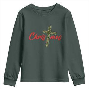 Christian Christmas Youth Sweatshirt Cross Lights Faith TS14 Dark Forest Green Print Your Wear