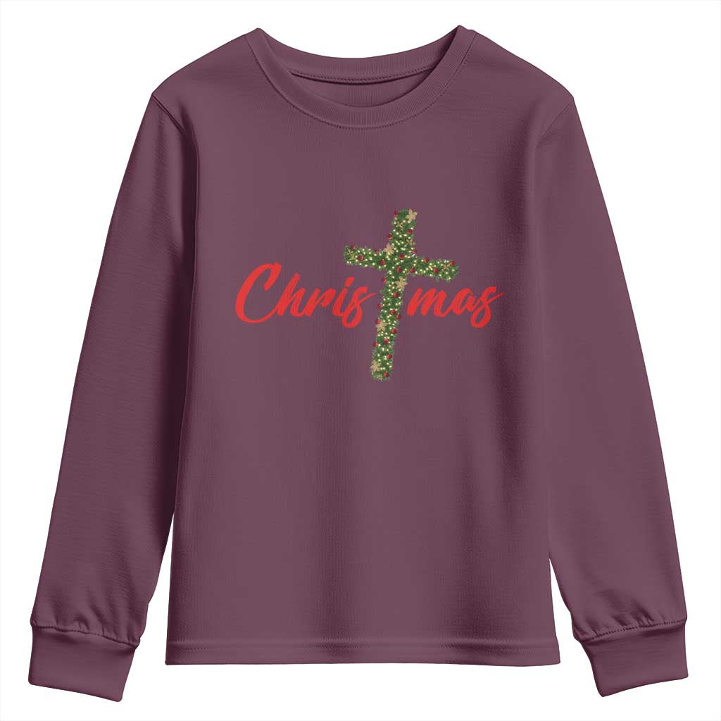 Christian Christmas Youth Sweatshirt Cross Lights Faith TS14 Maroon Print Your Wear