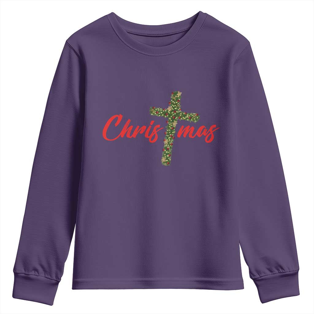 Christian Christmas Youth Sweatshirt Cross Lights Faith TS14 Purple Print Your Wear