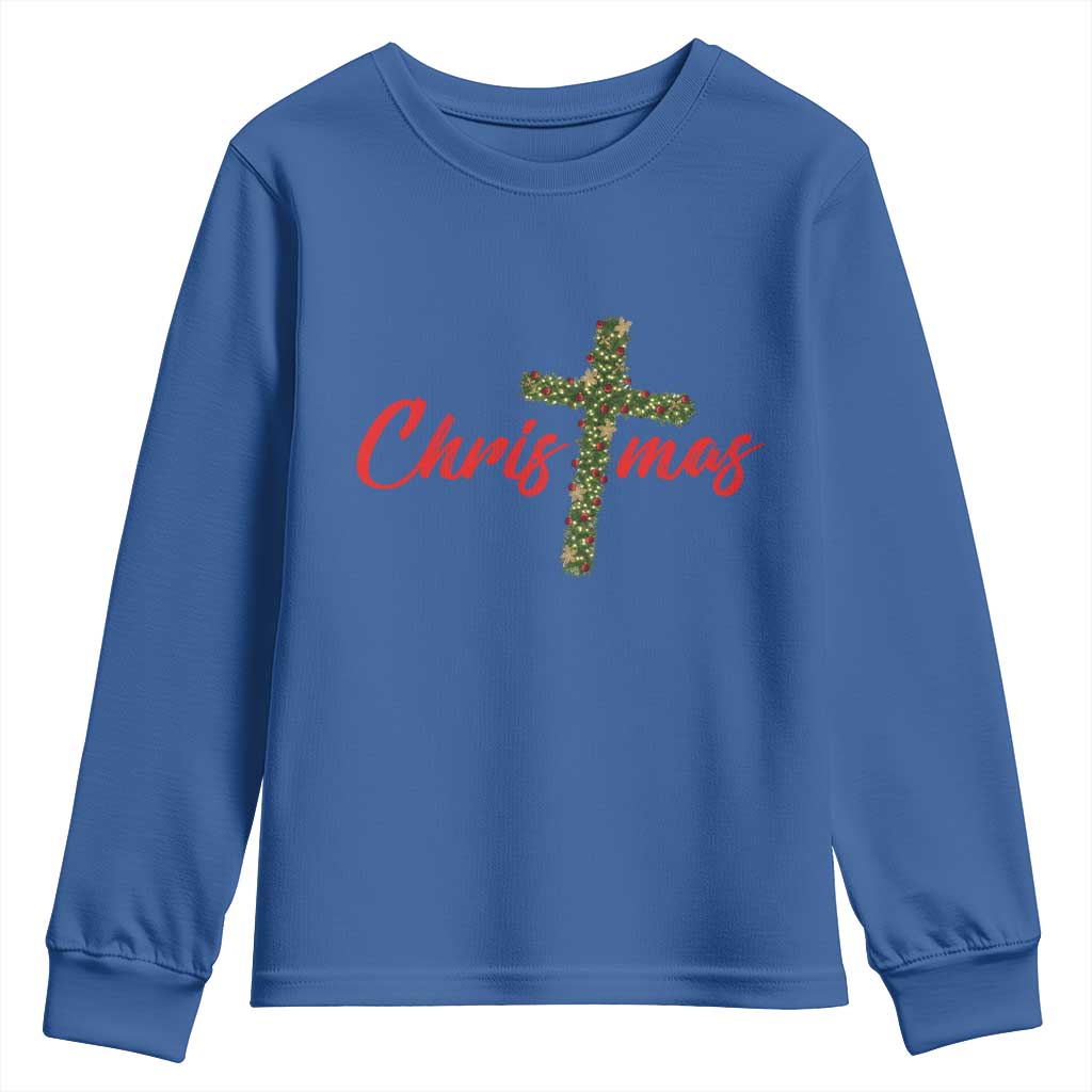 Christian Christmas Youth Sweatshirt Cross Lights Faith TS14 Royal Blue Print Your Wear