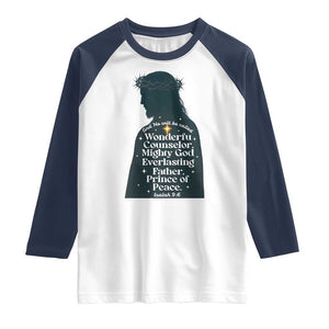Christian Jesus Raglan Shirt Cross Bible Verse Inspirational Isalah 9:6 TS14 White Navy Print Your Wear