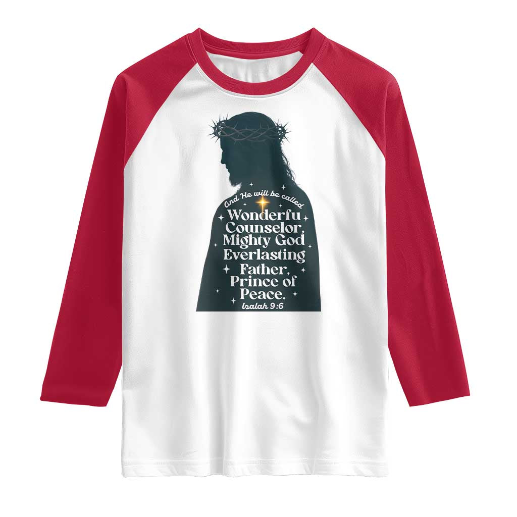 Christian Jesus Raglan Shirt Cross Bible Verse Inspirational Isalah 9:6 TS14 White Red Print Your Wear
