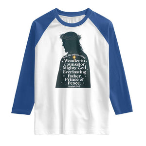 Christian Jesus Raglan Shirt Cross Bible Verse Inspirational Isalah 9:6 TS14 White Royal Print Your Wear