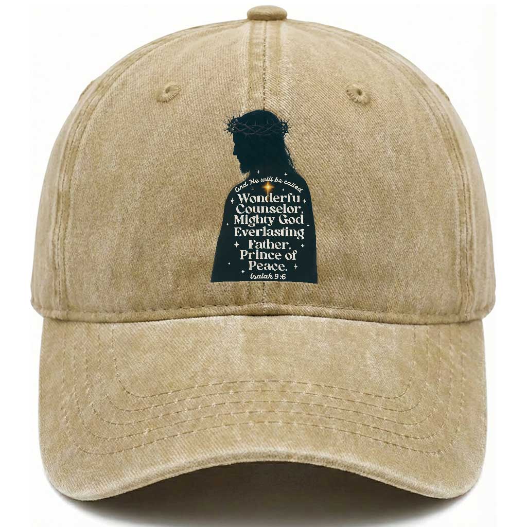 Christian Jesus Washed Cotton Baseball Cap Cross Bible Verse Inspirational Isalah 9:6 TS14 Washed Cap Universal Fit Khaki Print Your Wear