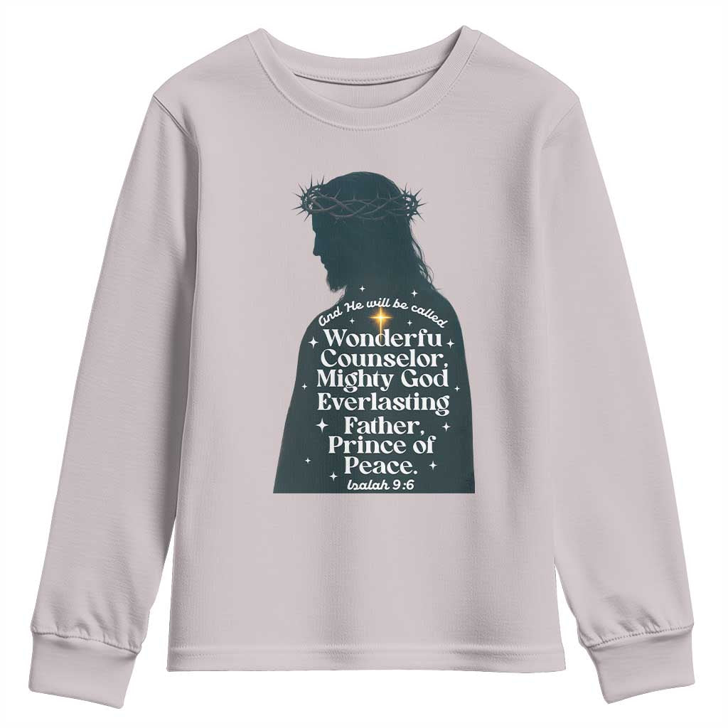 Christian Jesus Youth Sweatshirt Cross Bible Verse Inspirational Isalah 9:6 TS14 Ice Gray Print Your Wear