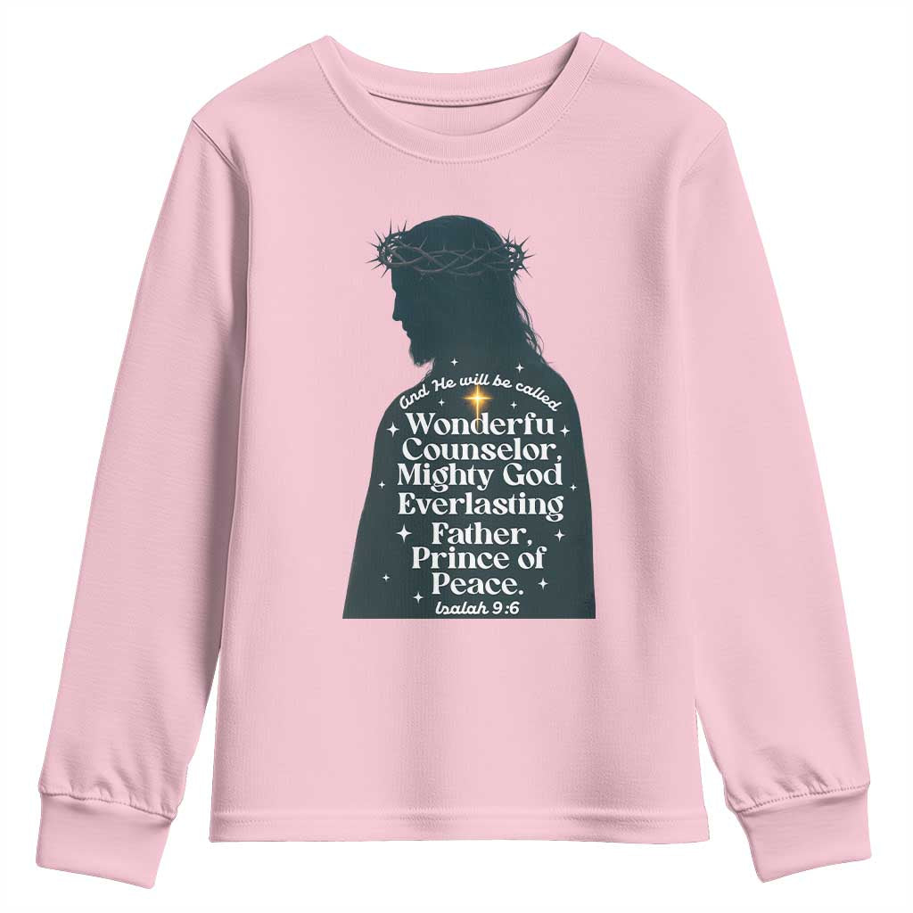 Christian Jesus Youth Sweatshirt Cross Bible Verse Inspirational Isalah 9:6 TS14 Light Pink Print Your Wear
