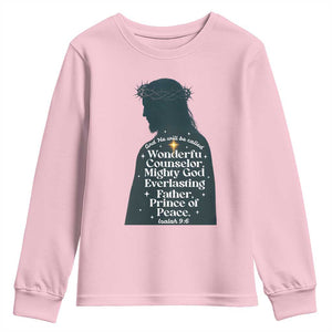 Christian Jesus Youth Sweatshirt Cross Bible Verse Inspirational Isalah 9:6 TS14 Light Pink Print Your Wear