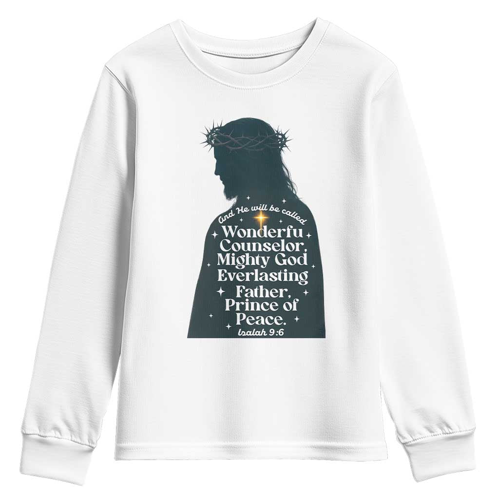 Christian Jesus Youth Sweatshirt Cross Bible Verse Inspirational Isalah 9:6 TS14 White Print Your Wear