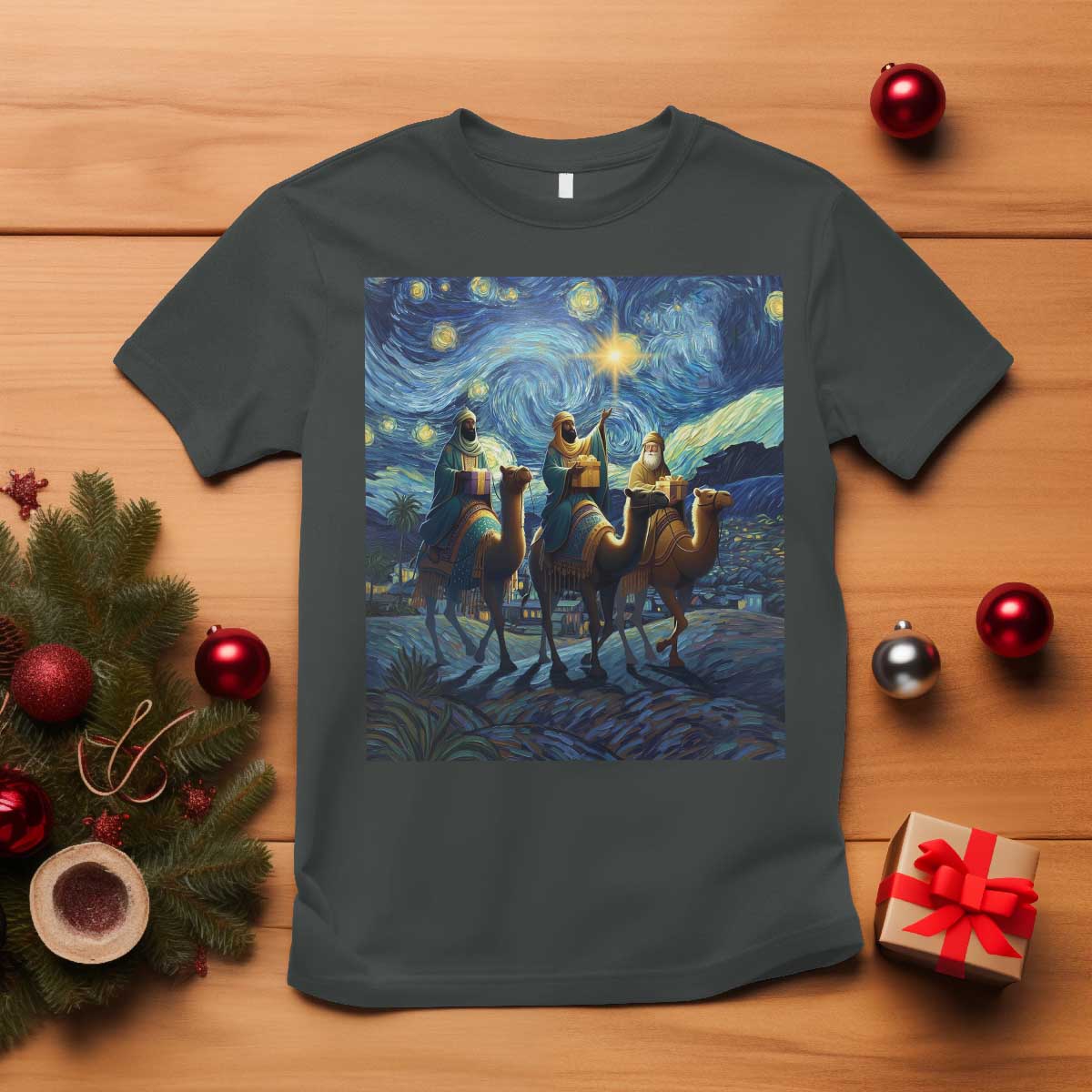 Three Kings T Shirt Nativity Scene Starry Night Christian Christmas TS14 Dark Heather Print Your Wear