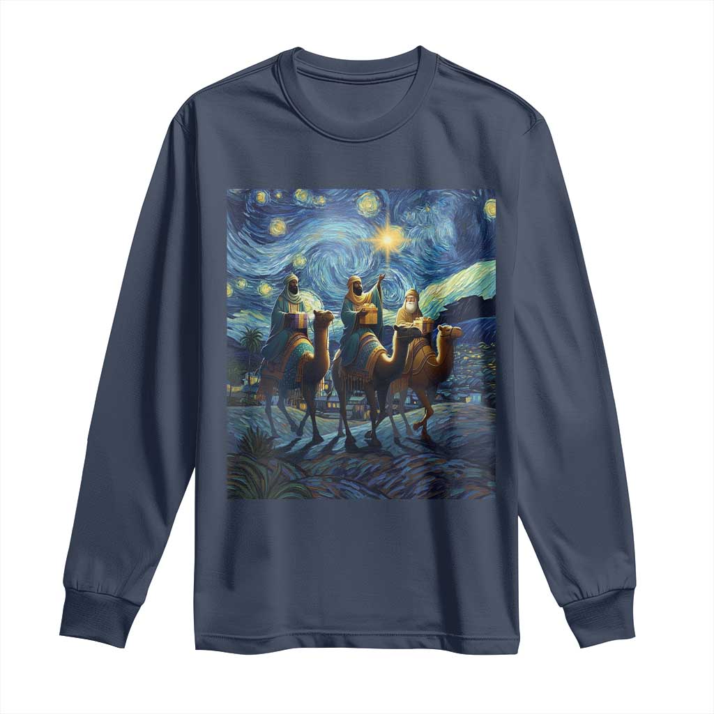 Three Kings Long Sleeve Shirt Nativity Scene Starry Night Christian Christmas TS14 Navy Print Your Wear