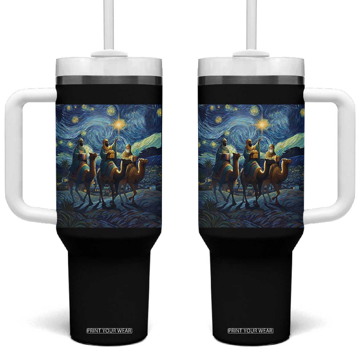 Three Kings Tumbler With Handle Nativity Scene Starry Night Christian Christmas TS14 One Size: 40 oz Black Print Your Wear