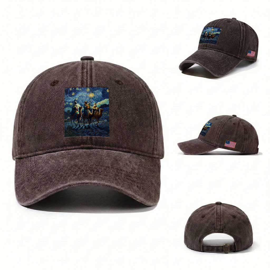 Three Kings Washed Cotton Baseball Cap Nativity Scene Starry Night Christian Christmas TS14 Washed Cap Universal Fit Dark Brown Print Your Wear