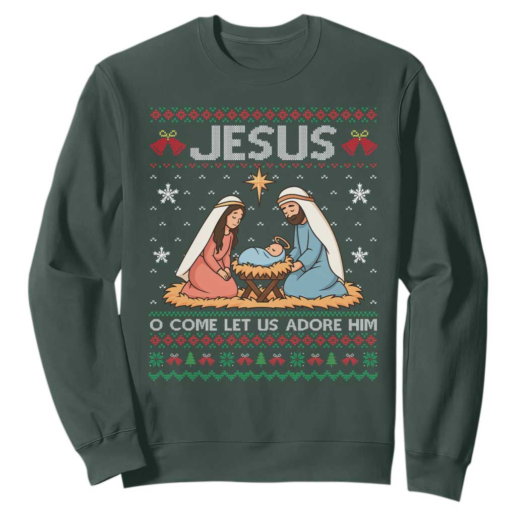 Nativity Scene Christmas Sweatshirt Baby Jesus Christian Xmas TS14 Dark Forest Green Print Your Wear