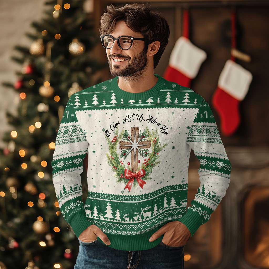 Cross Xmas Ugly Christmas Sweater O Come Let Us Adove Him TS14 Beige Green Print Your Wear