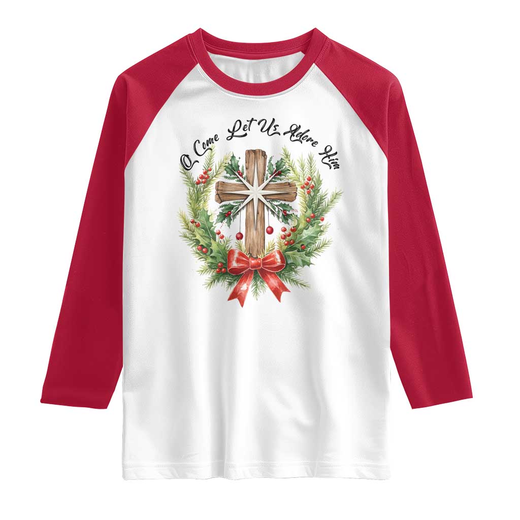 Cross Christmas Raglan Shirt O Come Let Us Adove Him TS14 White Red Print Your Wear
