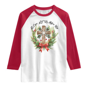 Cross Christmas Raglan Shirt O Come Let Us Adove Him TS14 White Red Print Your Wear