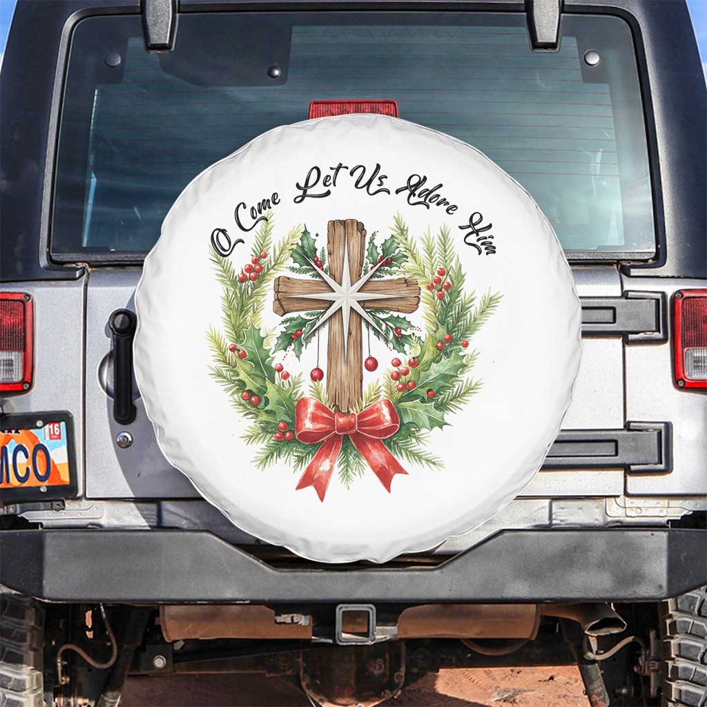 Cross Christmas Spare Tire Cover O Come Let Us Adove Him TS14 No hole White Print Your Wear