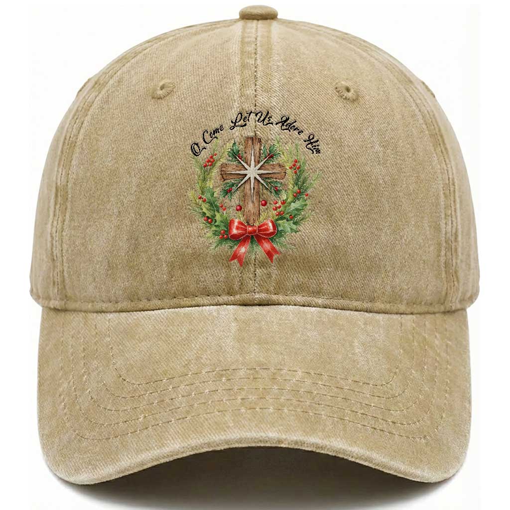 Cross Christmas Washed Cotton Baseball Cap O Come Let Us Adove Him TS14 Washed Cap Universal Fit Khaki Print Your Wear